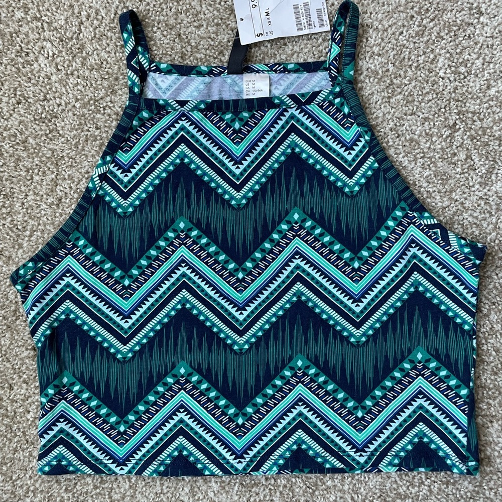 H&M Geometric Print Green/Blue Crop Top, NWT, Size M